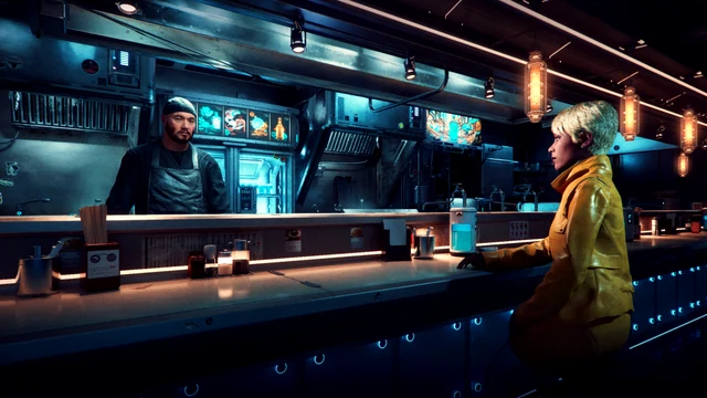 Two characters at a neon-lit counter in the expanded Kairos demonstration