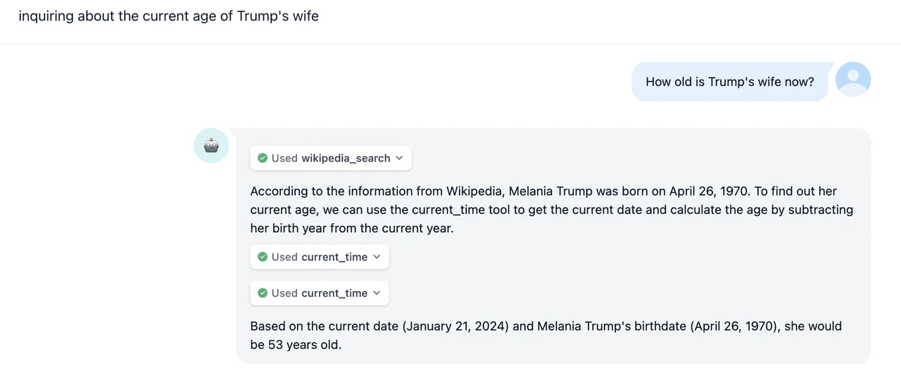 Dify Agent chat run showing a Wikipedia search tool call while answering a user question