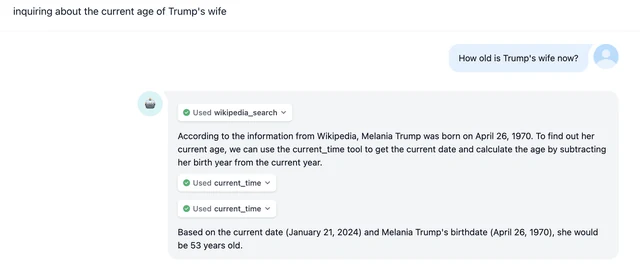 Dify Agent chat run showing a Wikipedia search tool call while answering a user question
