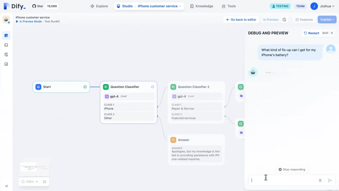 Dify Workflow canvas with connected nodes and a run-debugging panel