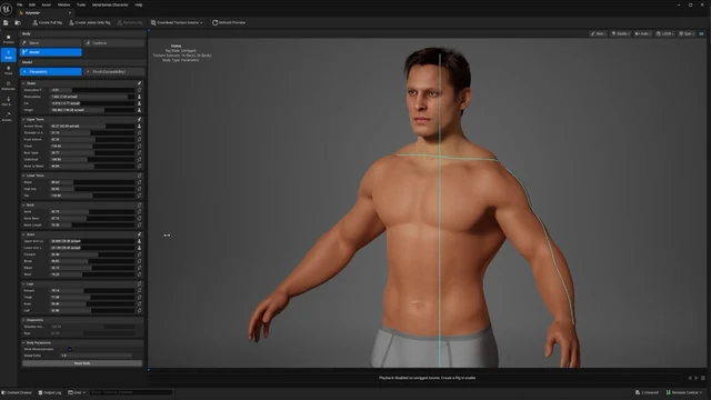 MetaHuman’s parametric body editor showing a digital character and body-measurement controls