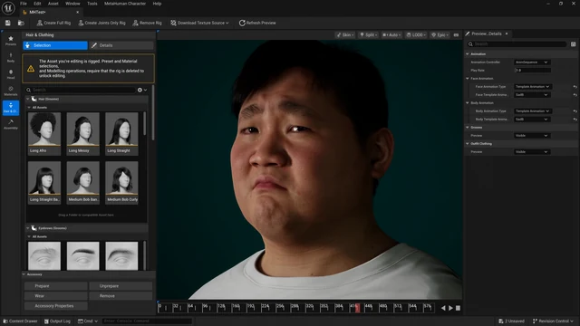 MetaHuman Creator in Unreal Engine showing a digital character’s face with hair presets and animation controls