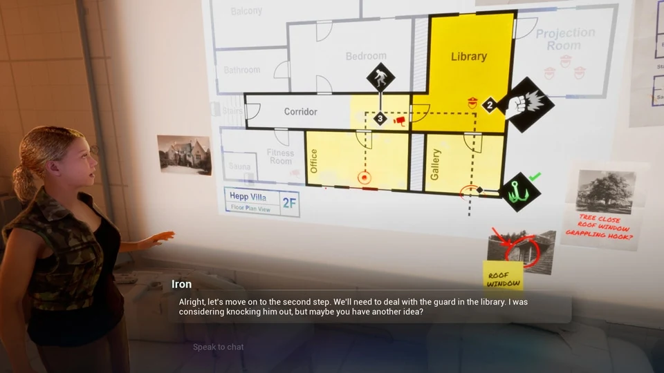 Ubisoft’s NEO NPC prototype showing a character beside a mission floor plan and an on-screen dialogue prompt