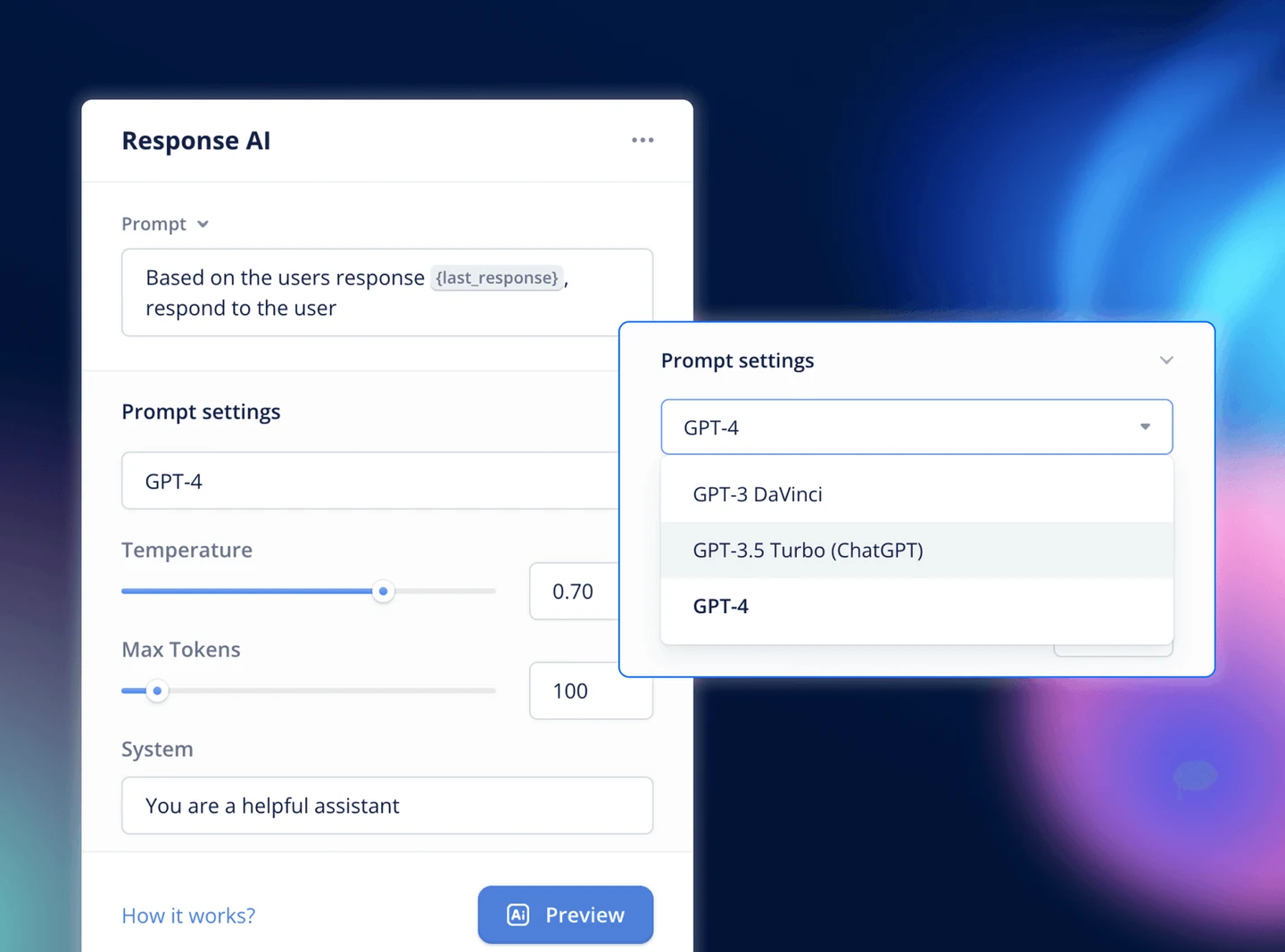 Voiceflow AI response-step settings with a model selector on a gradient background