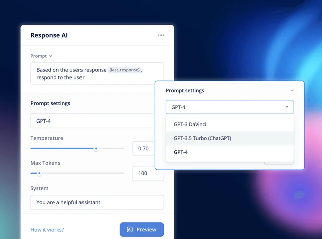 Voiceflow AI response-step settings with a model selector on a gradient background